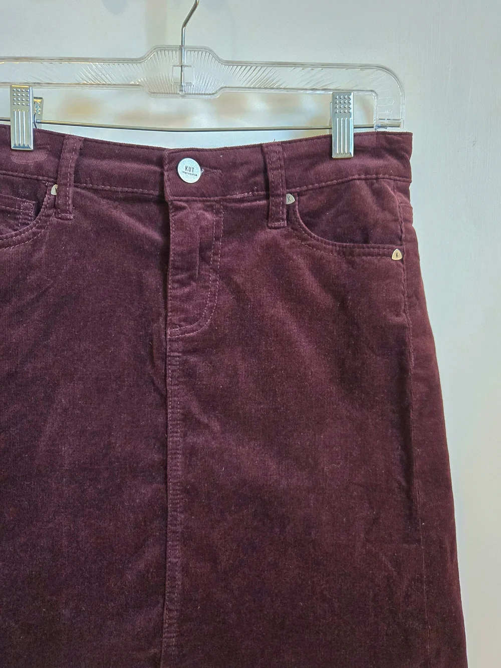 Kut from the Kloth Distressed Hem Corduroy Mini Skirt in Burgundy